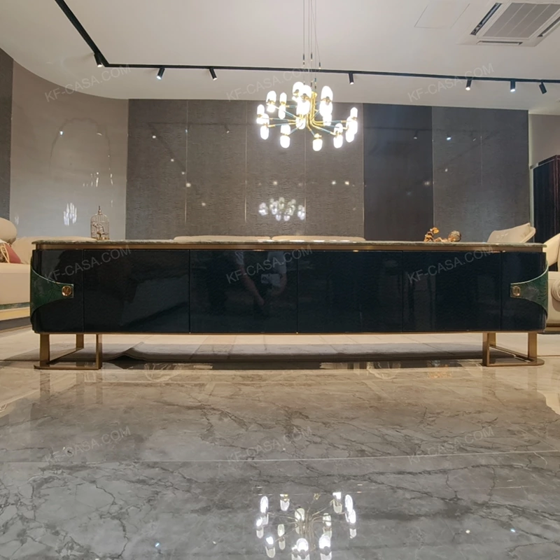 Refined Deep Green Textured TV Stand with Marble Top, Gold Metal Base and Concealed Storage Compartments